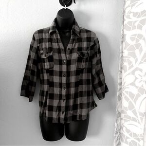 Derek Heart Black & Gray Checkered Flannel Button Down Shirt Size Large
